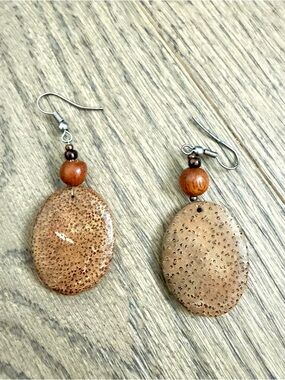 Handcrafted Brown Wood and Resin Oval Drop Earrings lightweight